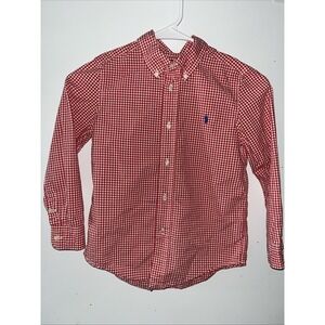 Ralph Lauren 100% Cotton Red Check Plaid Boys Shirt Size 6 Oxford Button Long